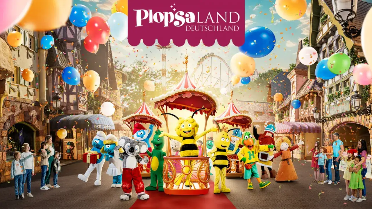 Bunte Ballons und fr&ouml;hliche Figuren im Plopsa Land Deutschland. Die Besucherzahlen steigen bei diesem fr&ouml;hlichen Anblick.