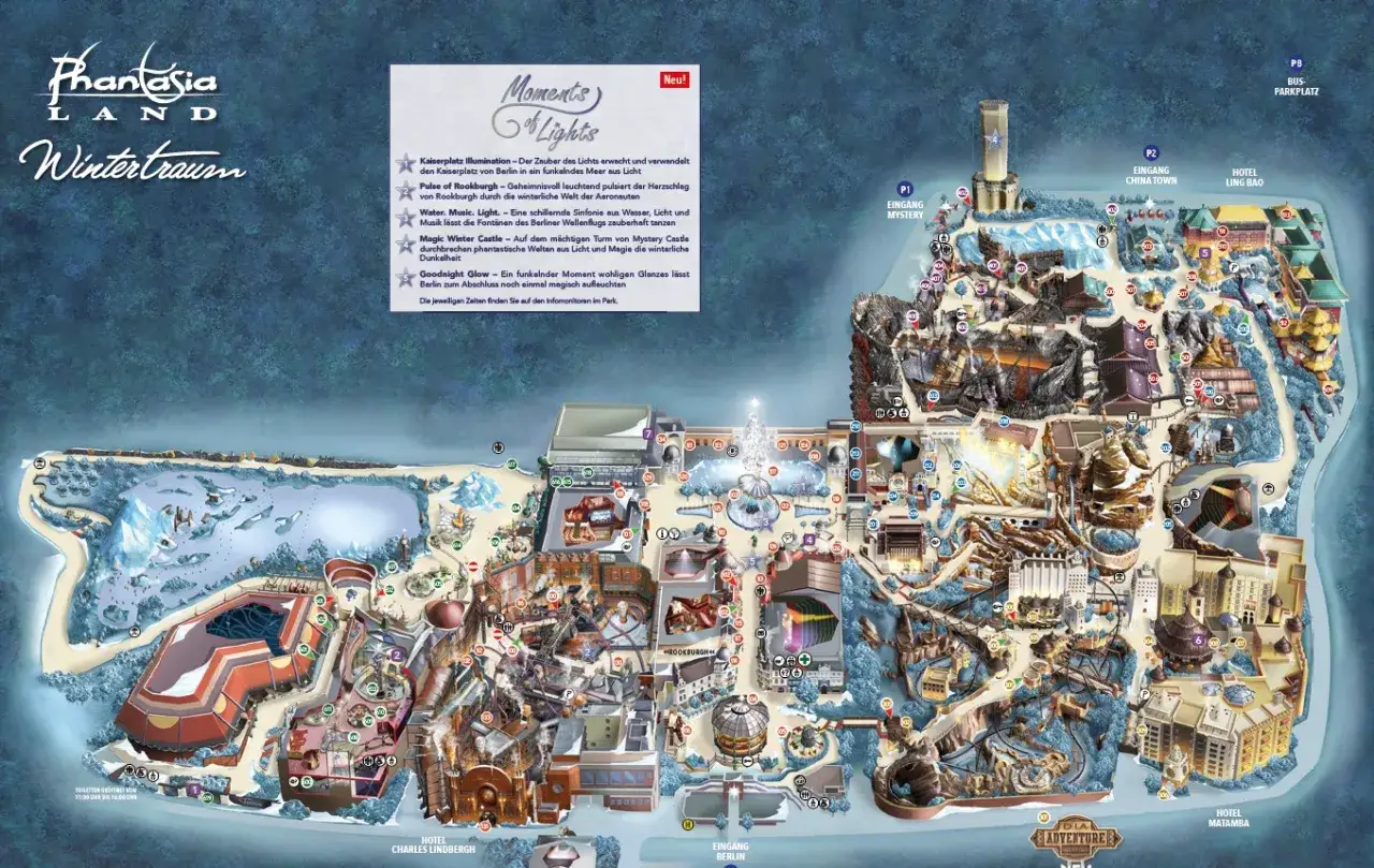 Phantasialand Wintertraum Karte mit vielen Attraktionen und Shows. Hier sind einige Phantasialand Tipps für Ihren Besuch.