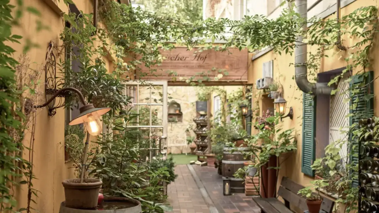 Idyllischer Innenhof eines Restaurants im belgischen Viertel, umrankt von gr&uuml;nen Pflanzen, mit Holzbalken und einer gem&uuml;tlichen Beleuchtung.