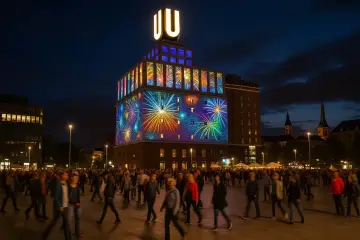 Feuerwerk-Projektion auf einem Gebäude während der Nacht der Museen Dortmund. Menschenmassen beleben den Platz.