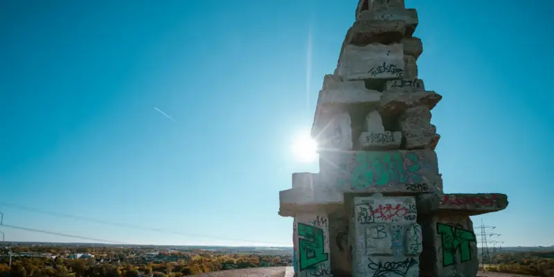 Sonnenstrahlen brechen durch eine Betonkonstruktion auf der Halde Rheinelbe, die mit Graffiti übersät ist.
